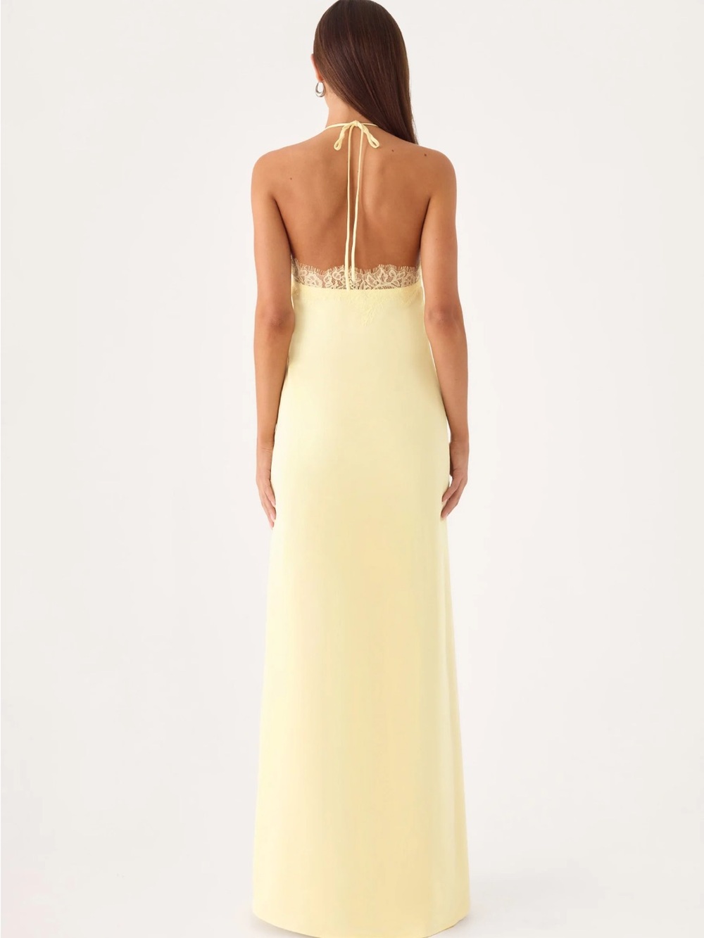 Halter Lace-Trim Satin Maxi Dress in Pale Yellow - Picture 3 of 3